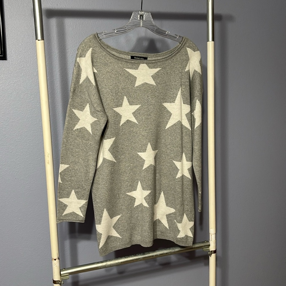 Relativity grey with white stars sweater, size small